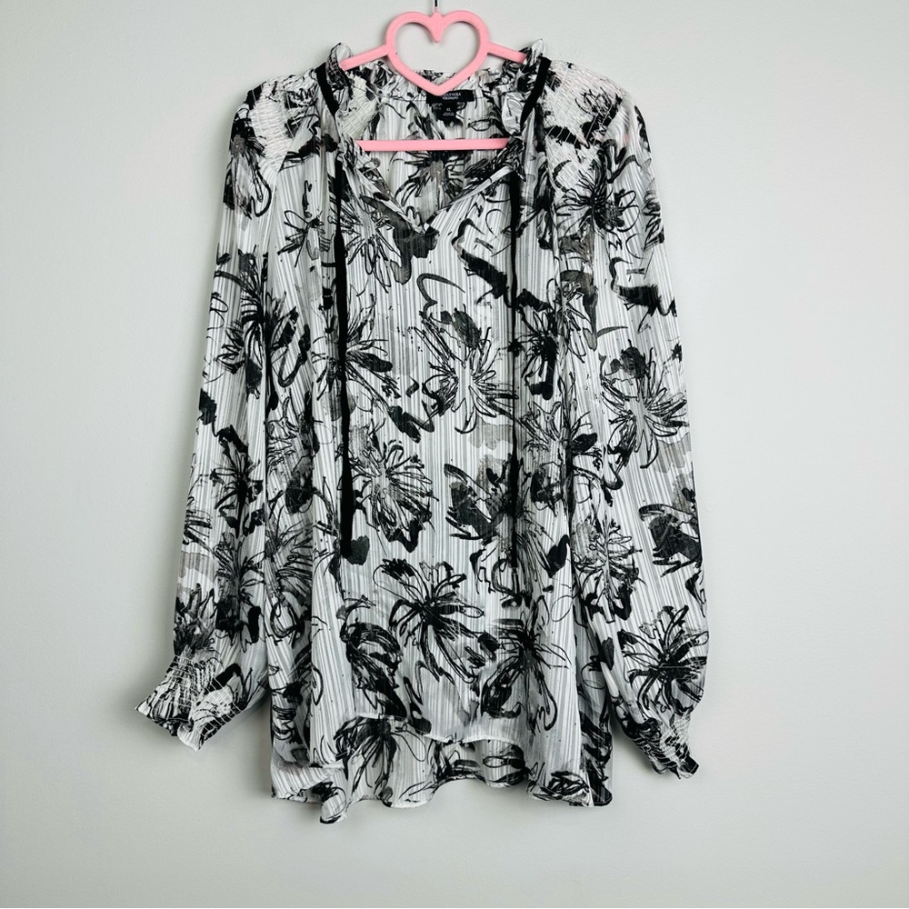 Simply Vera Sheer Ruffled Tie Neck Blouse Black White Poly Long Sleeve Size XL